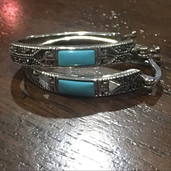 Turquoise Marcasite Sterling Silver Oval Hoop Saddle Back Earrings - Picture 8 of 9